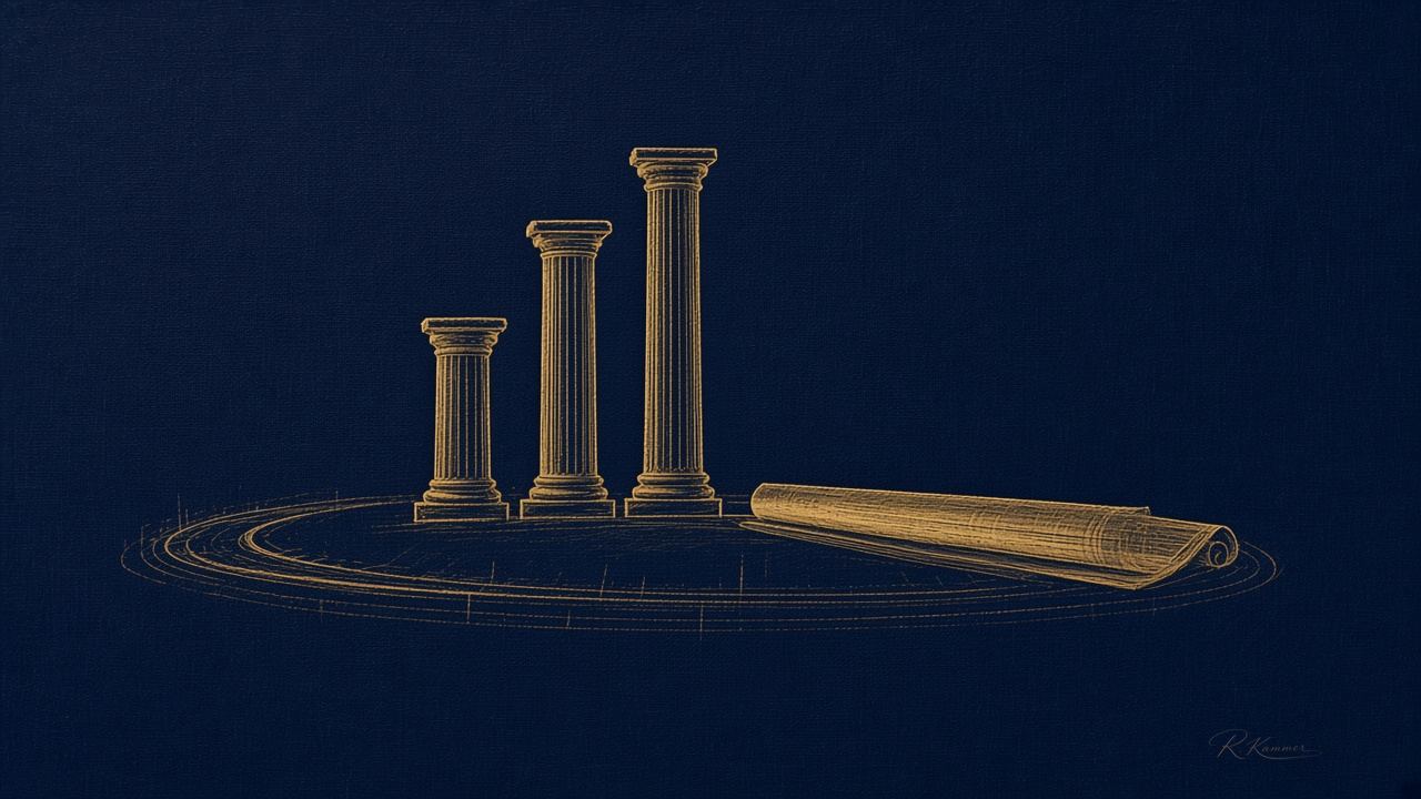 Institutional columns and clock, signed R. Kammer