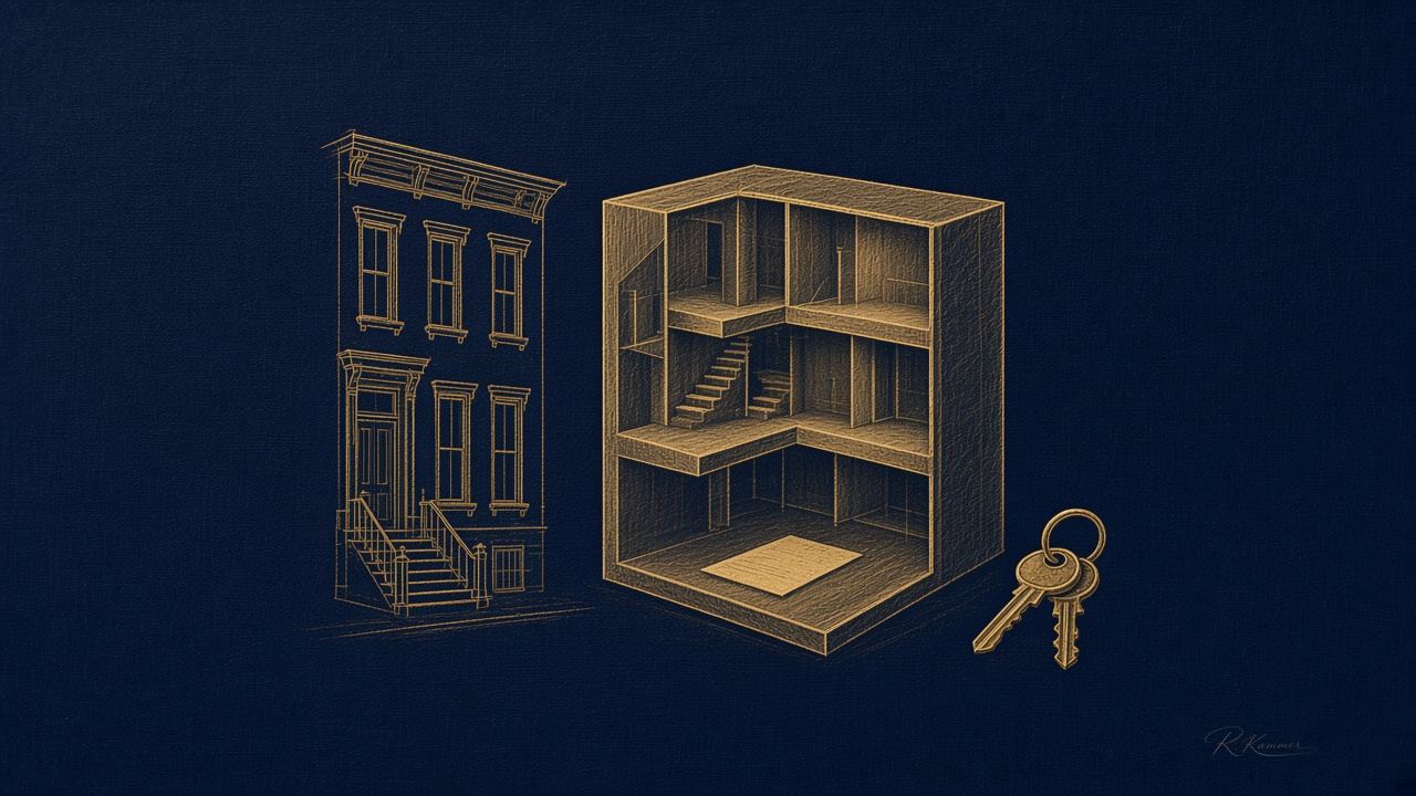 Townhouse and deed container, signed R. Kammer