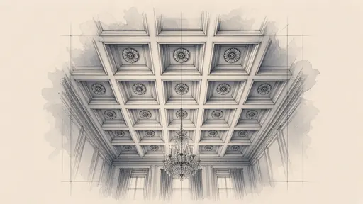 Pencil and watercolor sketch: coffered ceiling