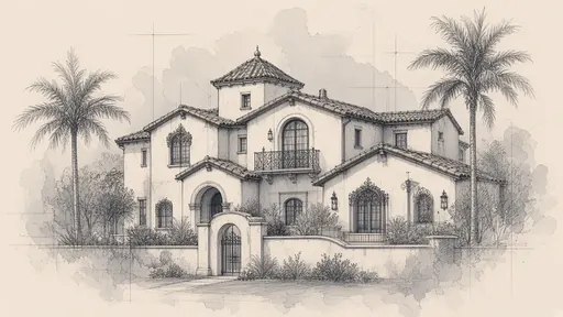 Pencil and watercolor sketch: spanish colonial revival